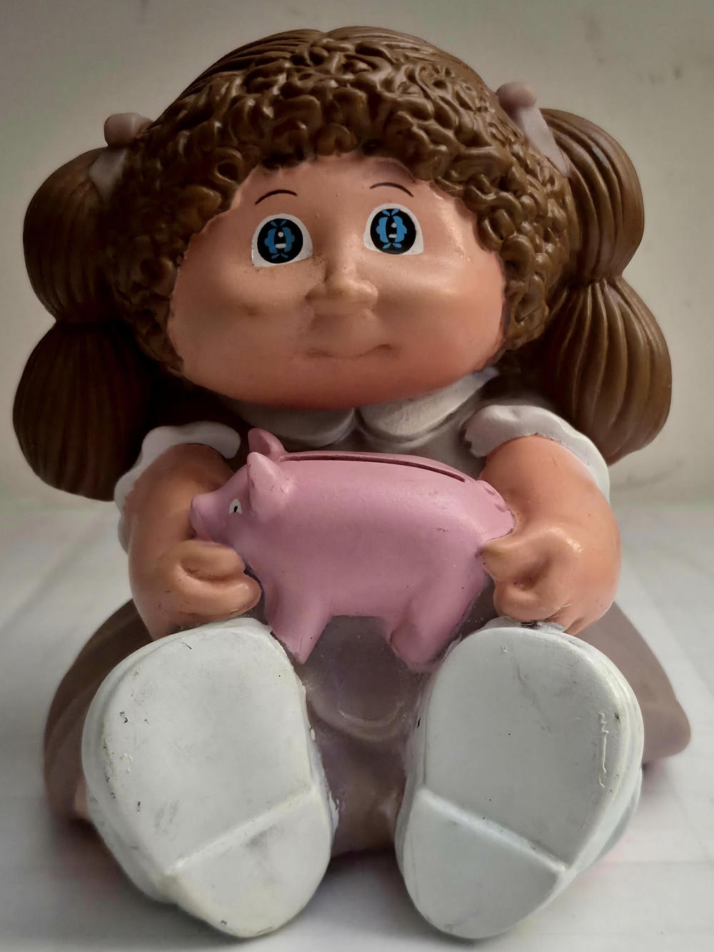 Vintage 1983 Cabbage Patch Kids Vinyl Piggy Bank - Girl holding Pink Pig